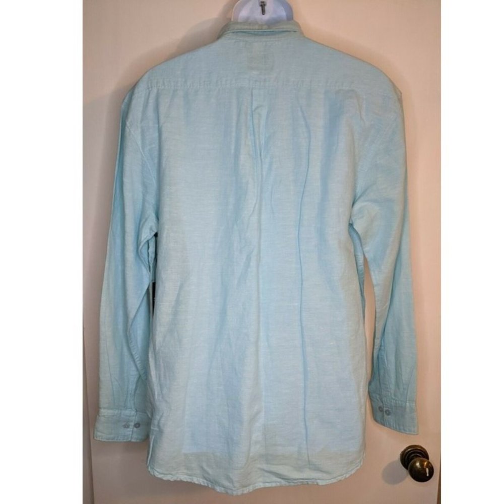 Mens Pastel Blue Linen Long Sleeve Shirt Sz L Flamingo NEW Artistry in Motion - Picture 2 of 9